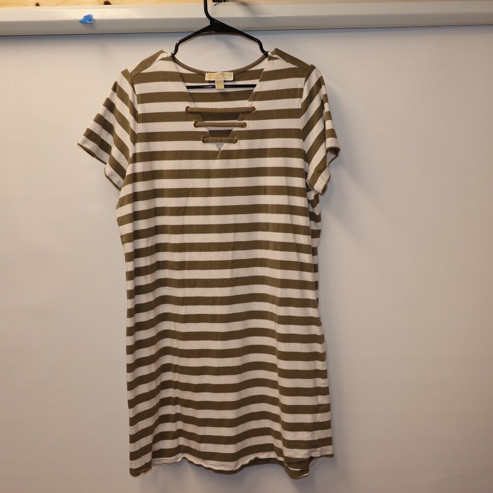 Michael Kors Olive & White Striped Lace-Up Neckline Casual Dress Size L